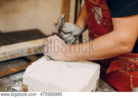 Man Sculptor Creates Sculpt Bust Gypsum Human Woman Sculpture With Hammer. Statue Craft Creation Wor