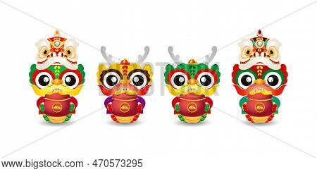 Happy Chinese New Year 2024 With Group Little Dragon Holding Bag Of Gold, Gong Xi Fa Cai, The Year O