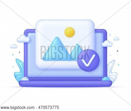 3d Picture With Check Mark On Computer. Add Or Delete Image In Gallery. Picture, Jpg File, Photo Ico