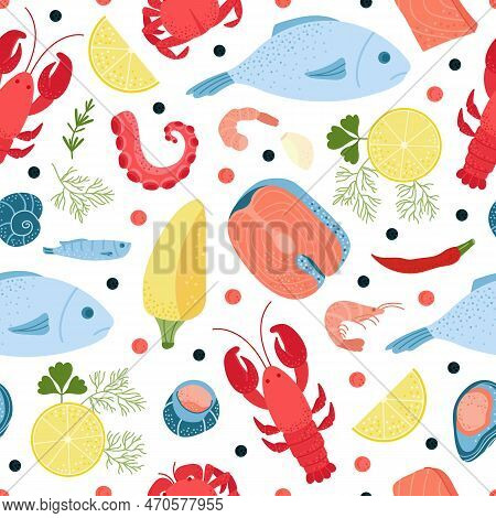 Seafood Seamless Pattern. Red Black Caviar, Vegetable And Fish. Flat Cartoon Salmot Steal And Lobste