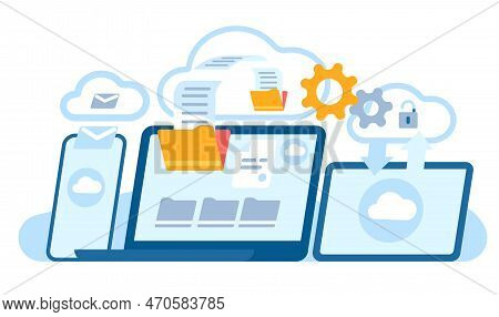 Cloud Service On Laptop. Online Information Exchange. Phone And Tablet Screens. Devices Wireless Con