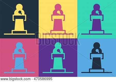 Pop Art Speaker Icon Isolated On Color Background. Orator Speaking From Tribune. Public Speech. Pers