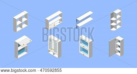 3d Isometric Flat Vector Set Of Kitchen Cabinets, Empty Wooden Storages And Shelves