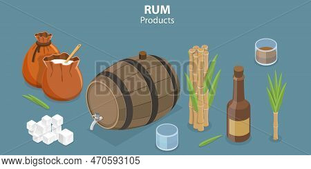 3d Isometric Flat Vector Set Of Rum Products, Alcohol Drink Production