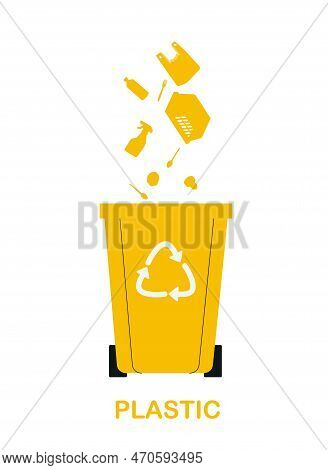 Plastic Garbage Sorting. Yellow Container For Plastic Waste. Packages, Bottles And Dishes. Caring Fo