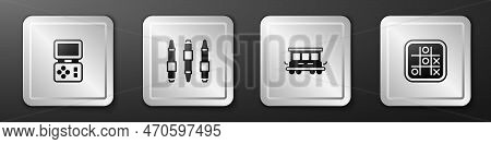 Set Tetris Electronic Game, Marker Pen, Passenger Train Cars Toy And Tic Tac Toe Icon. Silver Square