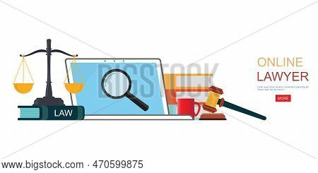 Online Lawyer. Law Books With A Judge's Gavel And Scales On Laptop Isolated On White Background, Jud