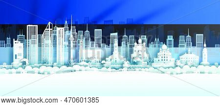 Illustration Anniversary Landmark Estonia Day In Estonian Flag Background With Travel Landmarks Arch