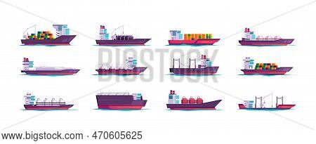 Cargo Ships. Sea Vessel Tanker With Shipping Containers, Commercial Freighter Shipment Cartoon Flat 