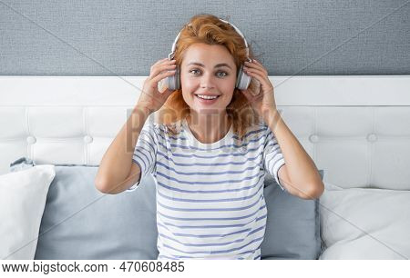 Happy Melomaniac Woman Listening To Music On Bed, Music. Relaxing Woman Enjoying Music