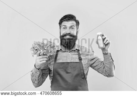 Happy Man In Apron Holding Fresh Lettuce And Juice Bottle Yellow Background, Juicery