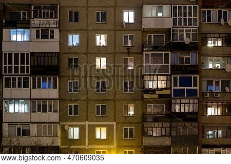 Night View Of Exterior Apartment Building. High Rise Apartments In Night Light