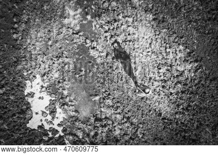 Man On A Treasure Hunt With A Metal Detector In The Woods On The Field, Photographed From A Drone, B