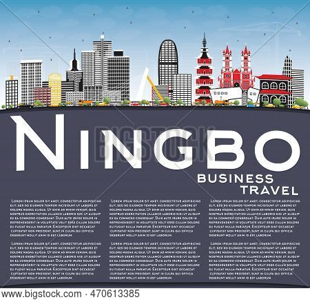 Ningbo China City Skyline With Color Buildings, Blue Sky And Copy Space. Vector Illustration. Busine