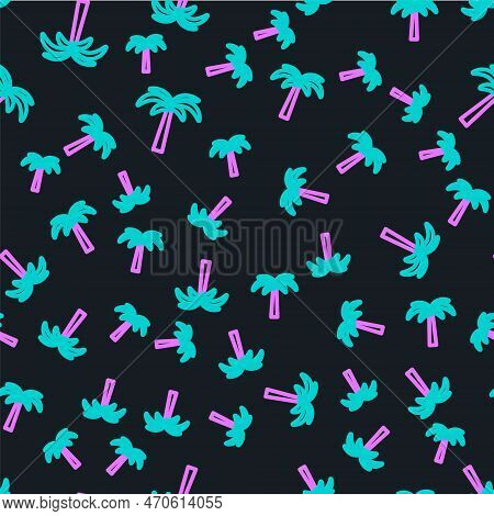 Line Tropical Palm Tree Icon Isolated Seamless Pattern On Black Background. Coconut Palm Tree. Vecto