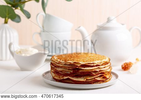 Staple Of Yeast Pancakes, Traditional For Russian Pancake Week (shrove Tide), Selective Focus. Copy 