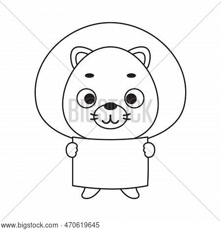 Coloring Page Cute Little Lion Holds Paper Sheet. Coloring Book For Kids. Edulionional Activity For 