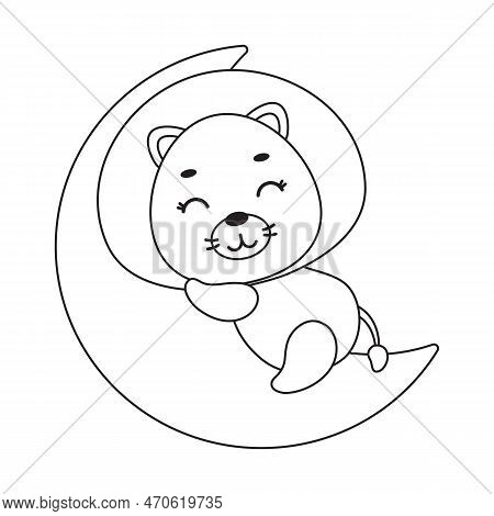 Coloring Page Cute Little Lion Sleeping On Moon. Coloring Book For Kids. Edulionional Activity For P
