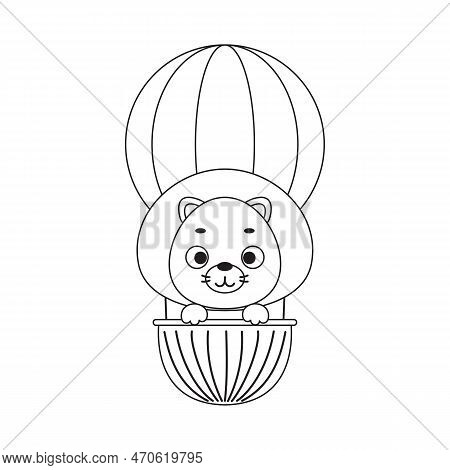 Coloring Page Cute Little Lion Flying On Hot Air Balloon. Coloring Book For Kids. Edulionional Activ