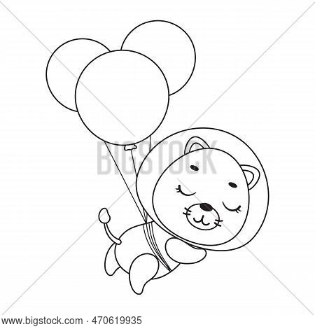 Coloring Page Cute Little Lion Flying On Balloons. Coloring Book For Kids. Edulionional Activity For