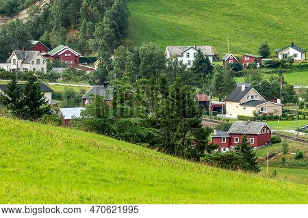 Small Village Undredal Near Flam, Aurlandsfjord, Part Of Sognefjord, Norway
