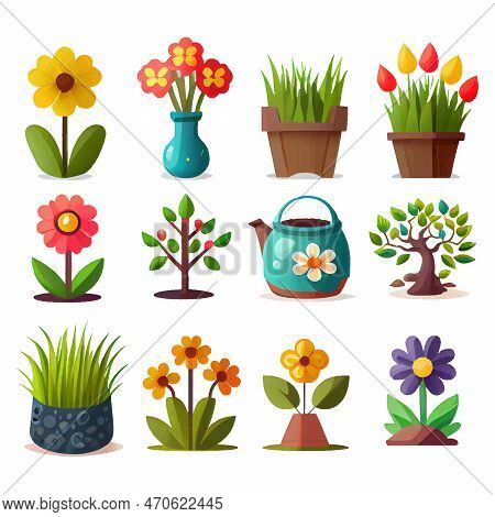 Set Vector Illustration Of Bloming Flowers Isolate Background International Women's Day And Spring F