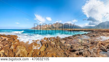 Picturesque Seascape Of Isolidda Beach Near San Vito Cape. Popular Travel Destination Of Monte Cofan