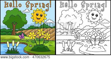 This Coloring Page Shows A Hello Spring Smiling Sun. One Side Of This Illustration Is Colored And Se