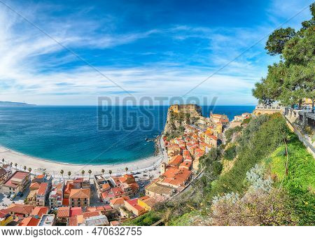 Awesome Seaside And Village Scilla With Old Medieval Castle On Rock Castello Ruffo, Colorful Traditi