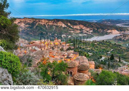 Amazing Sunset Over Old Famous Medieval Village Stilo In Calabria. View On Church And City. Southern