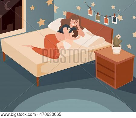 Woman Breastfeeding Newborn Baby Lying On Side On Bed, Flat Vector Illustration.