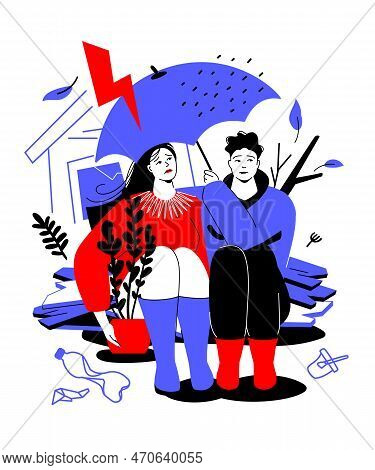 Aftermath Of Hurricane - Colorful Flat Design Style Illustration