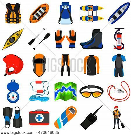 Rafting Icons Set. Flat Set Of Rafting Icons For Web Design