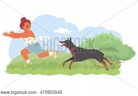 Cute Little Girl Child Scared Of Dog Vector