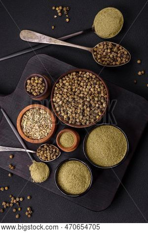 Spice Dried Dill Or Basil In The Form Of Green Powder