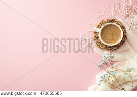 Hello Spring Concept. Top View Photo Of Cup Of Frothy Hot Drinking On Rattan Serving Mat Pink And Bl