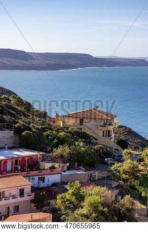 Small Touristic Town, Nebida, On The Sea Coast. Sardinia, Italy. Sunny Day,
