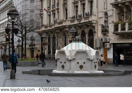 Belgrade, Serbia - November 21, 2022. Delijska Cesma Fountain In Prince Michael Street, Belgrade Dow