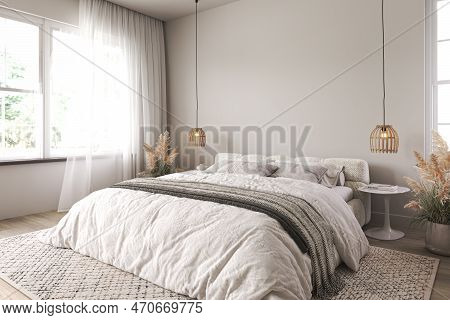 Hamptons White Bedroom Interior Design. Light Wall Mockup. Window With Curtain And Dry Plants On Bac