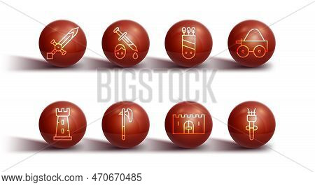 Set Line Medieval Sword, Castle Tower, Wooden Four-wheel Cart, Castle Gate, Axe, Sword With Blood, T