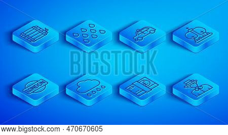 Set Line Wooden Barrel, Water Drop, Taxi Car, Cloud With Rain, Pound Sterling Money, British Crown, 