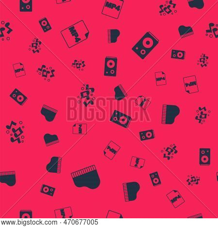 Set Grand Piano, Mp4 File Document, Music Note, Tone And Stereo Speaker On Seamless Pattern. Vector