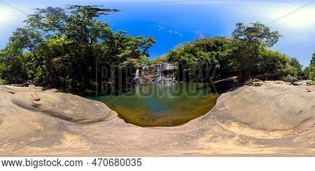 Beautiful Waterfall In Green Forest. Sera Ella Water Fall, Sri Lanka. 360-degree View.