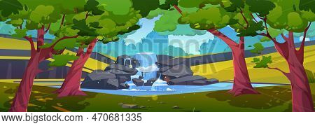 Summer Forest Landscape With Waterfall. Vector Cartoon Illustration Of Sunny Park With Water Stream 