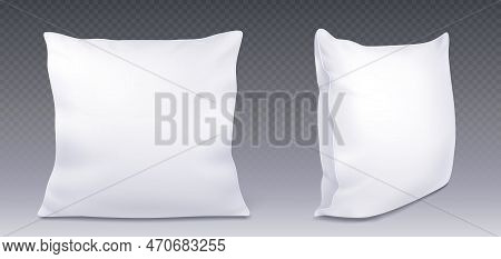 White Square Pillow Realistic Vector Illustration. Cotton Cushion Mockup, Top Angle View, Set Isolat