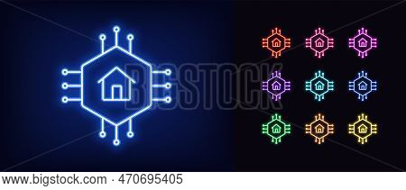 Outline Neon Home Circuit Icon. Glowing Neon Micro Circuit Frame With House Sign, Iot Home Pictogram