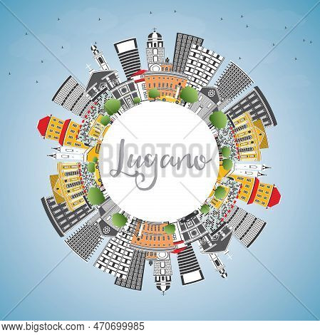 Lugano Switzerland Skyline With Gray Buildings, Blue Sky And Copy Space. Vector Illustration. Busine