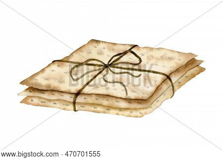 Matzah Pile With Rope Bow Watercolor Illustration For Jewish Passover Fasting Bread Side View. Hand 