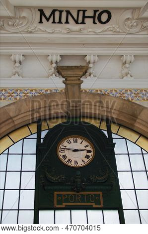 Close-up View Of Vintage Clock In The Railway Station In Porto, Portugal. Station Clock In Sao Bento