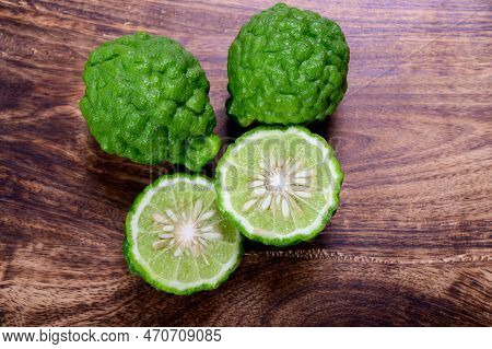 Citrus Hystrix, Kaffir Lime Or Makrut Lime, Citrus Fruit Native To Tropical Southeast Asia. Fruit An